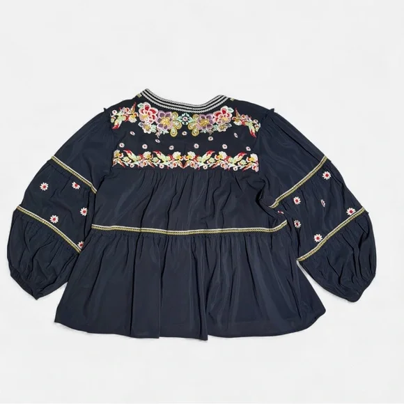 See And Be Seen Floral Embroidered Dark Navy Blue Blouse Size Small. - Picture 2 of 10